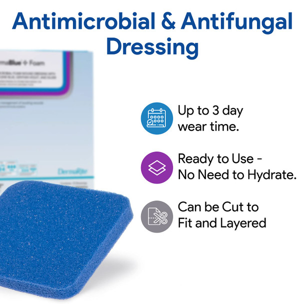 DermaBlue Transfer Antimicrobial Foam Wound Dressing 4 x 5 x 1/8  Conformable  with Methylene Blue Gentian Violet and Silver  Broad Spectrum Antimicrobial and Antifungal Protection