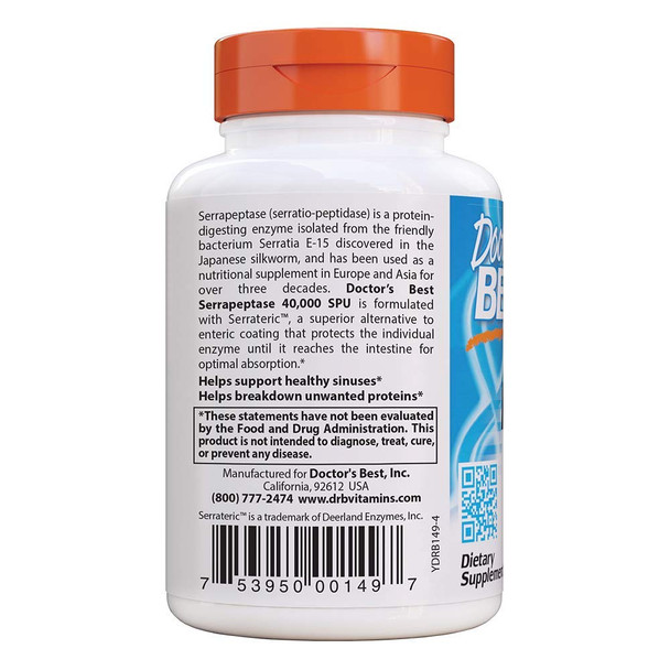 Doctor's Best Serrapeptase, Non-GMO, Vegan, Gluten Free, Supports Healthy Sinuses, 40,000 SPU, 90 Count (Pack of 1)