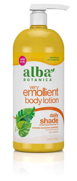 Alba Botanica Very Emollient Body Lotion, Daily Shade Formula, SPF 15, 32-Ounce Bottle