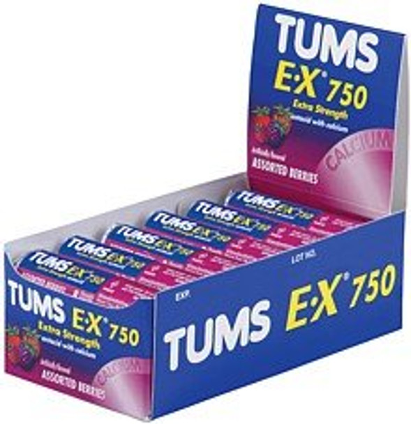 Tums Extra Strength 750 Antacid with Calcium Supplement Calcium Rich Assorted Berries Flavored  24 Pocket Size Rolls of 8 Chewable Tablets Each Roll 192 Chewable Tablets Total