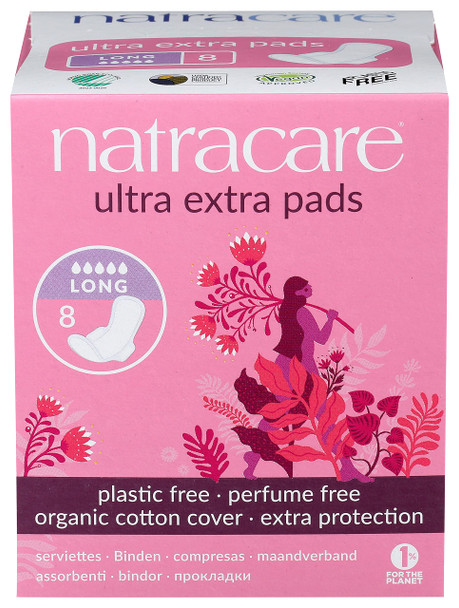Natracare Ultra Extra Pads with Wings Long Individually Wrapped Made with Certified Organic Cotton Ecologically Certified Cellulose Pulp and Plant Starch 1 Pack 8 Pads Total
