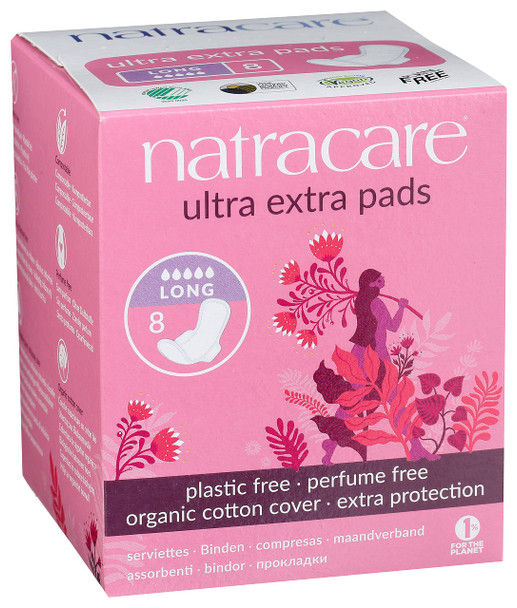 Natracare Ultra Extra Pads with Wings Long Individually Wrapped Made with Certified Organic Cotton Ecologically Certified Cellulose Pulp and Plant Starch 1 Pack 8 Pads Total