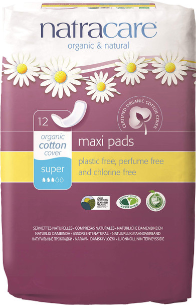 Natracare Maxi Pads Super with Organic Cotton Cover 12 ea Pack of 2