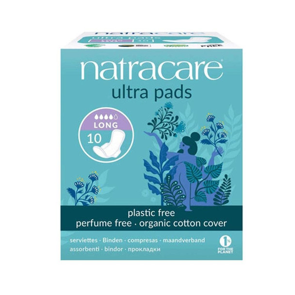 Natracare Slim Fitting Ultra Pads with Wings Long Made with Certified Organic Cotton Ecologically Certified Cellulose Pulp and Plant Starch 12 Pack 120 Pads Total