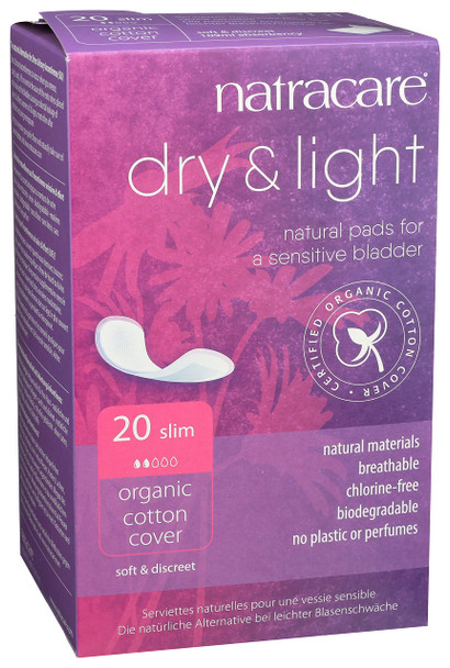 Natracare Dry  Light Slim Natural and Absorbent Pads with Organic Cotton Cover for Light Urinary Incontinence 1 Pack 20 Pads Total