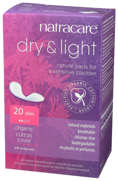 Natracare Dry  Light Slim Natural and Absorbent Pads with Organic Cotton Cover for Light Urinary Incontinence 1 Pack 20 Pads Total