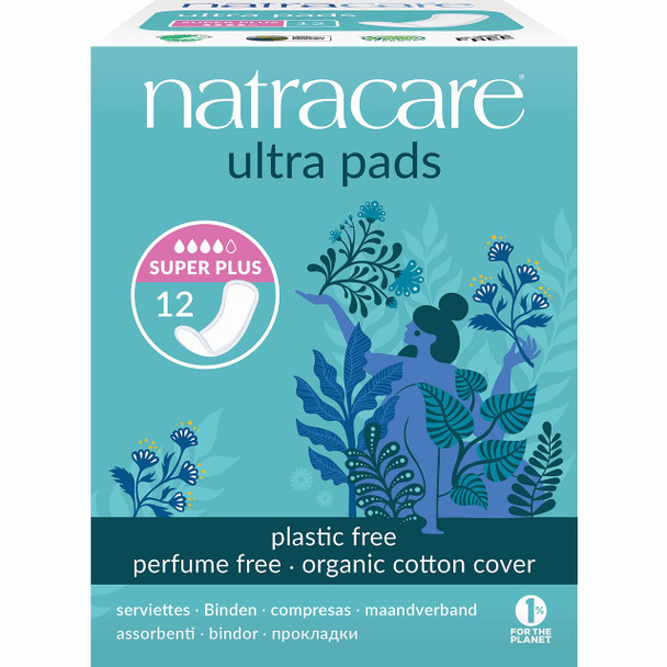 Natracare Slim Fitting Ultra Pads with Wings Super Plus Made with Certified Organic Cotton Ecologically Certified Cellulose Pulp and Plant Starch 12 Pack 144 Pads Total