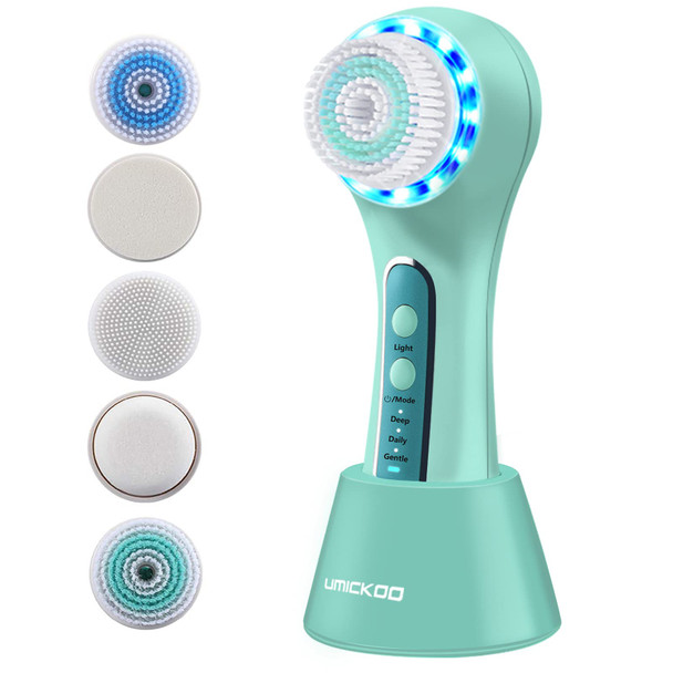 UMICKOO Facial Cleansing BrushRechargeable IPX7 Waterproof with 5 Brush HeadsFace Brush Use for Exfoliating Massaging and Deep Cleansing MintGreen