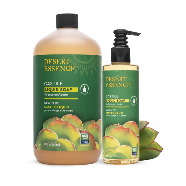 Desert Essence Castile Liquid Soap With EcoHarvest Tea Tree Oil  32 Fl Ounce  Face  Body Cleansing  Coconut  Olive Oil  May Diminish Imperfections  Help Reduce Oil