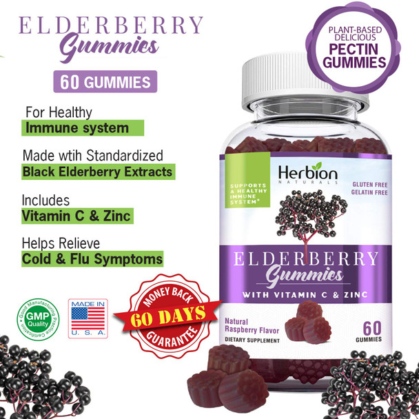 Herbion Naturals Elderberry Gummies with Vitamin C  Zinc Healthy Immune System Support Gummies 60 Count Pectin Gummies