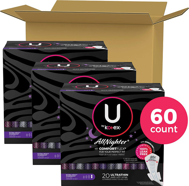 U by Kotex AllNighter Extra Heavy Overnight Feminine Pads with Wings Ultra Thin 60 Count 3 packs of 20 Packaging May Vary