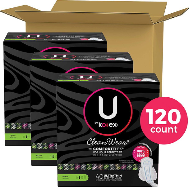 U by Kotex CleanWear Ultra Thin Feminine Pads with Wings Heavy Absorbency 120 Count 3 Packs of 40 Packaging May Vary