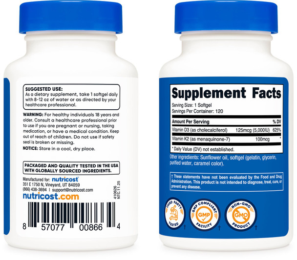 Nutricost Vitamin K2 (MK7) (100mcg) + Vitamin D3 (5000 IU) 120 Softgels - Gluten Free and Non-GMO