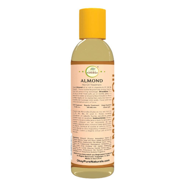 OKAY  Almond Oil Treatment  For All Hair Types  Textures  Strong  Healthy  Thick Hair  Formulated with 12 Natural Oils  Rich in Vitamins A B1 B6 D  E  6 oz