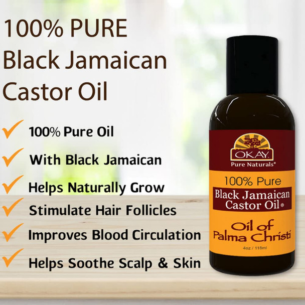 OKAY  100 Pure Black Jamaican Castor Oil  For All Hair Textures  Skin Types  Grow Healthy Hair  Treat Skin Conditions  Oil of Palma Christi  All Natural  4 Oz