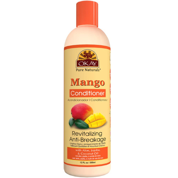 OKAY  Mango AntiBreakage Conditioner  For All Hair Types  Textures  Revitalize  Repair  Restore Moisture  With Aloe Jojoba  Coconut Oil  Free of Parabens Silicones Sulfates  12 oz