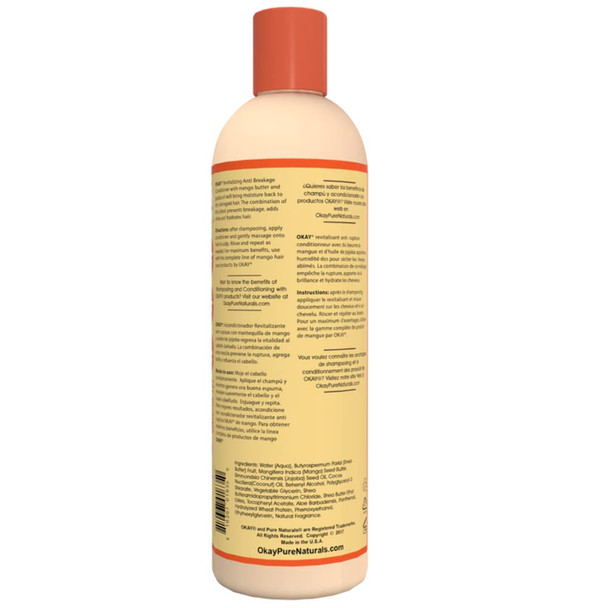 OKAY  Mango AntiBreakage Conditioner  For All Hair Types  Textures  Revitalize  Repair  Restore Moisture  With Aloe Jojoba  Coconut Oil  Free of Parabens Silicones Sulfates  12 oz