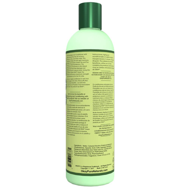 OKAY  Green Tea Nourishing Antioxidant Rich Conditioner  For All Hair Types  Textures  Revitalize  Rejuvenate  Restore  With Tea Tree Oil  Free of Paraben Silicone Sulfate  12 oz