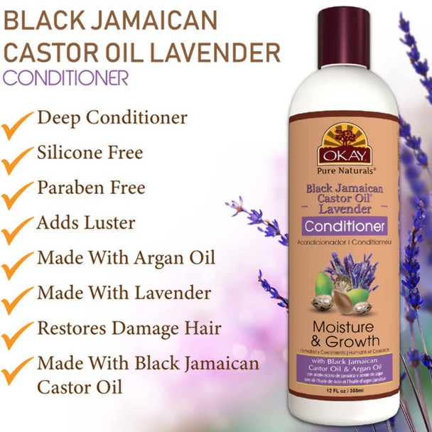 OKAY  Black Jamaican Castor Oil  Lavender Conditioner  For All Hair Types  Textures  Moisturize Strengthen  Regrow Hair  With Argan Oil   of Sulfate Silicone  Paraben  12 oz