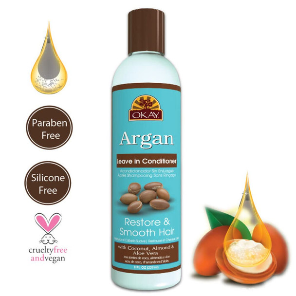 OKAY  Argan Leave In Conditioner  For All Hair Types  Textures  Restore Hydrate  Smooth Hair  With Coconut Almond  Aloe Vera   Of Parabens Silicones Sulfates  8 Oz
