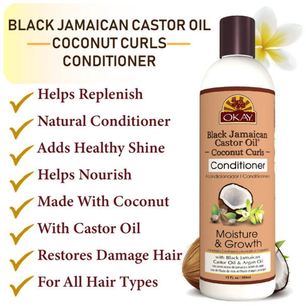 OKAY  Black Jamaican Castor Oil Coconut Curls Conditioner  For All Hair Types  Textures  Condition Strengthen  Regrow Hair  With Argan Oil  Free of Paraben Silicone Sulfate  12 oz