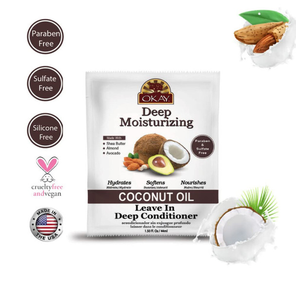 OKAY  Coconut Oil Deep Moisturizing LeaveIn Conditioner  For All Hair Types  Textures  Replenish Moisture  With Shea Butter Almond  Avocado  Free of Sulfate Silicone  Paraben  1.5 oz