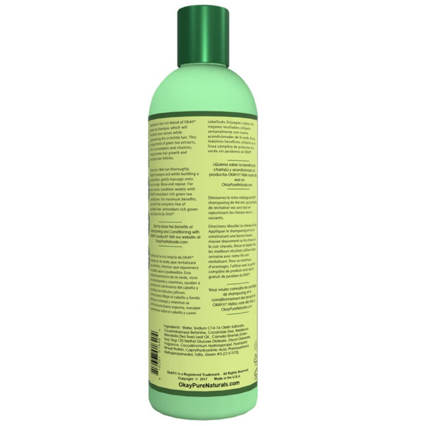 OKAY  Green Tea Nourishing Antioxidant Rich Shampoo  For All Hair Types  Textures  Revitalize  Rejuvenate  Restore Moisture  With Tea Tree Oil  Free of Parabens Silicones Sulfates  12 oz