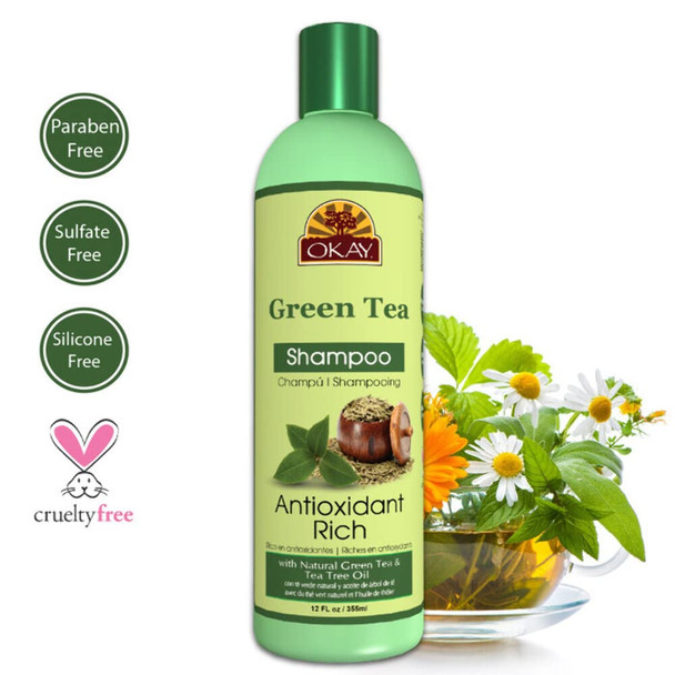 OKAY  Green Tea Nourishing Antioxidant Rich Shampoo  For All Hair Types  Textures  Revitalize  Rejuvenate  Restore Moisture  With Tea Tree Oil  Free of Parabens Silicones Sulfates  12 oz