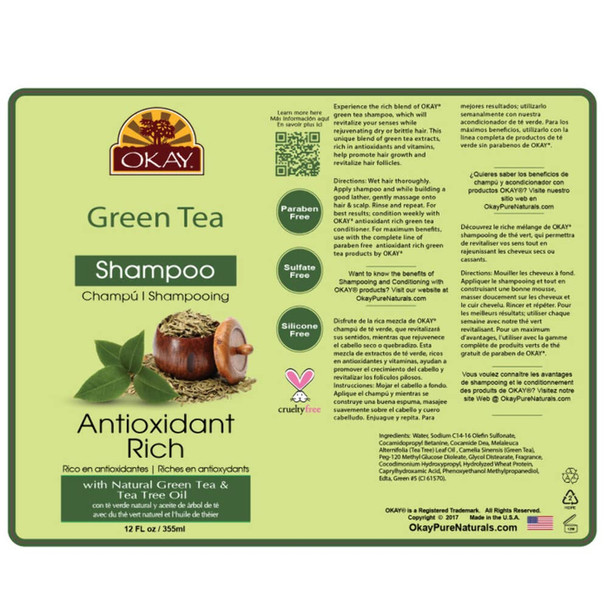OKAY  Green Tea Nourishing Antioxidant Rich Shampoo  For All Hair Types  Textures  Revitalize  Rejuvenate  Restore Moisture  With Tea Tree Oil  Free of Parabens Silicones Sulfates  12 oz