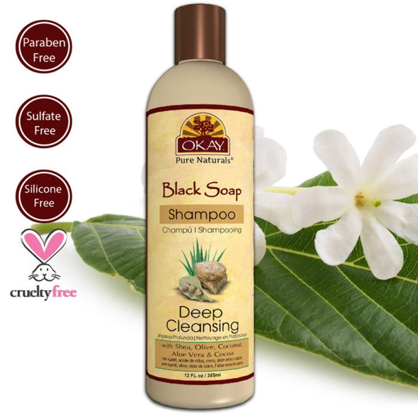 OKAY  Black Soap Shampoo  For All Hair Types  Textures  Cleanse Nourish and Hydrate Hair  With Shea Olive Coconut Aloe Vera  Cocoa   of Parabens Silicones Sulfates  12 oz