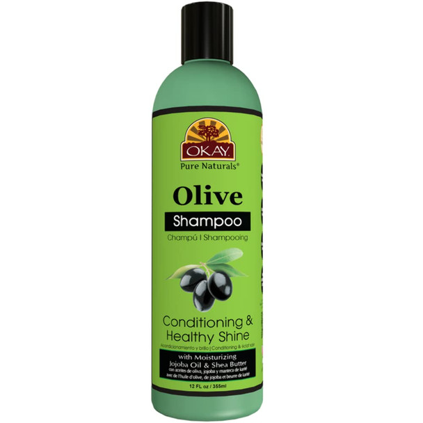 OKAY  Olive Oil Shampoo  For All Hair Types and Textures  Conditioning and Healthy Shine  Nourish Condition Hydrate  Free of Sulfate Silicone  Paraben  12 oz