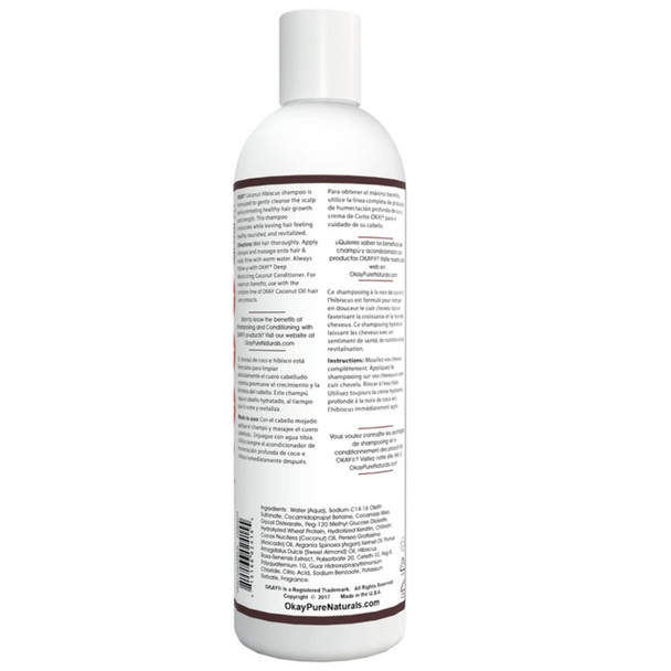 OKAY  Coconut Hibiscus Shampoo  For All Hair Types  Textures  Restore Rehydrate Strengthen Hair  With Almond Argan  Avocado Oil  Free of Parabens Silicones Sulfates  12. oz