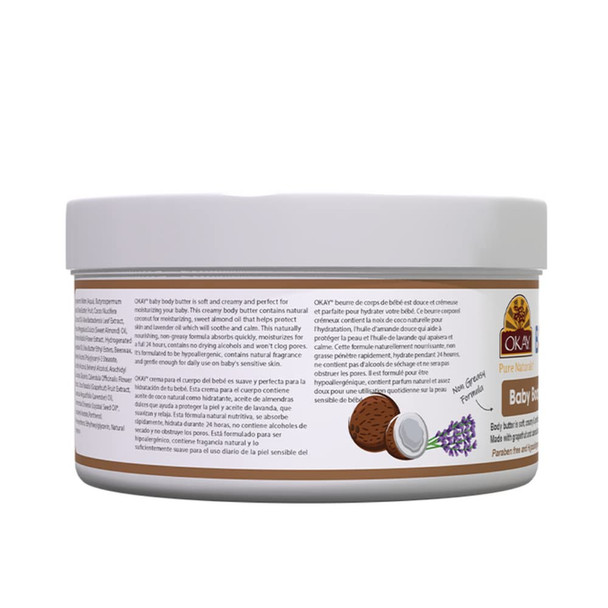 OKAY  Baby Body Butter  For All Skin Types  Gently Moisturize and Protect  Nourishing  Free of Sulfate Silicone  Paraben  7 oz