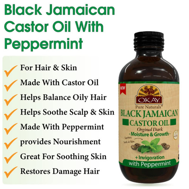 Okay Pure Naturals Jamaican Black Castor Oil Original Dark with Peppermint Oil Moisture  Growth Nourish  Invigorate Natural Healthy for All Hair Types and Textures Brown 4 Fl Oz