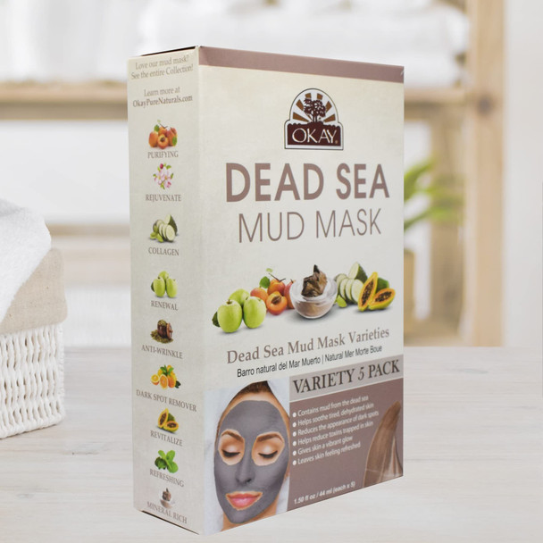 OKAY  Dead Sea Mud Mask  Variety Pack  For All Skin Types  Hydrate  Nourish  Replenish  5 packets  1.5 oz each