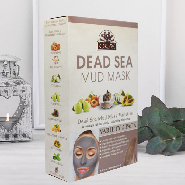 OKAY  Dead Sea Mud Mask  Variety Pack  For All Skin Types  Hydrate  Nourish  Replenish  5 packets  1.5 oz each