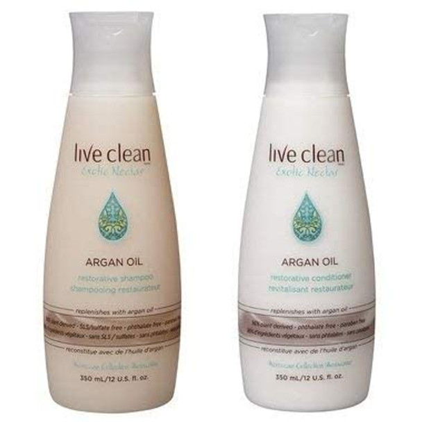 Live Clean Exotic Nectar Argan Oil Restorative Shampoo and Exotic Nectar Argan Oil Restorative Conditioner with 100 Pure Argan Oil Grape Seed Oil and Olive Oil 12 oz each