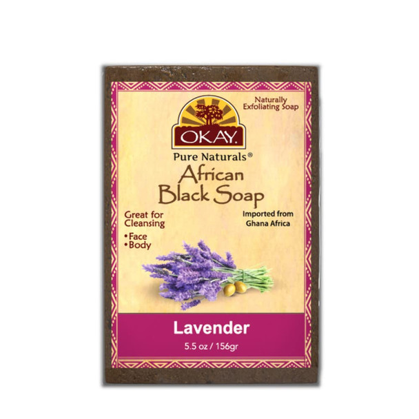 OKAY  African Black Soap with Lavender  For All Skin Types  Cleanses and Exfoliates  Nourishes and Heals  Free of Parabens Silicones Sulfates  5.5 oz