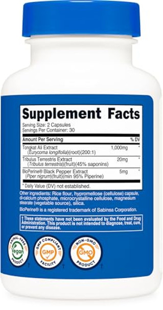 Nutricost Tongkat Ali 500mg, 60 Capsules 200:1 Extract - Vegetarian Caps, Non-GMO, Gluten Free