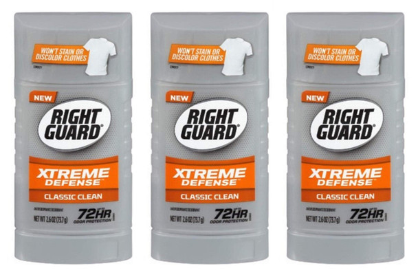 Right Guard Antiperspirant/Deodorant  Xtreme Defense  Invisible Solid  Classic Clean  Net Wt. 2.6 OZ 73.7 g Per Stick  Pack of 3 Sticks