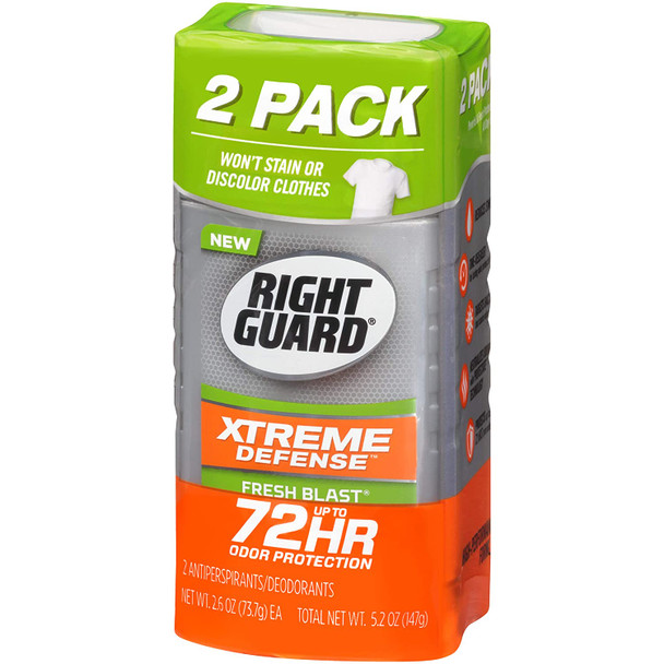 Right Guard Xtreme Defense Antiperspirant Deodorant Invisible Solid Stick Fresh Blast 2.6 Ounce Twin Pack Pack of 3