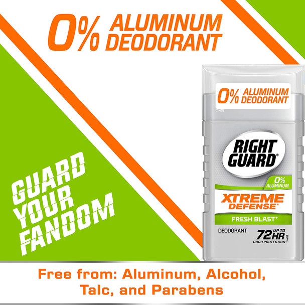 Right Guard Xtreme Defense AluminumFree Deodorant Invisible Solid Stick Fresh Blast 3 oz Pack of 4