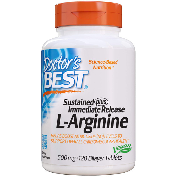 Doctor's Best Sustained Plus Immediate Release L-Arginine, Non-GMO, Vegan, Gluten Free, Soy Free, 500 mg, 120 Bilayer Tablets