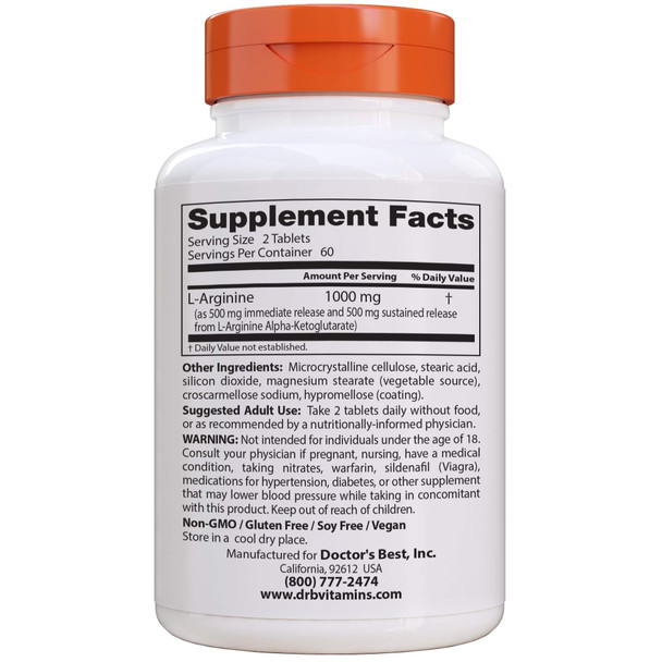 Doctor's Best Sustained Plus Immediate Release L Arginine Non GMO Vegan Gluten Free Soy Free  500 mg 120 Bilayer Tablets