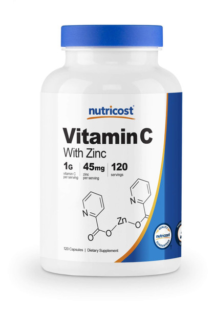 Nutricost Vitamin C with Zinc, 120 Capsules - 1000mg Vitamin C, 45mg Zinc, Non-GMO, Gluten Free Vitamin C Supplement