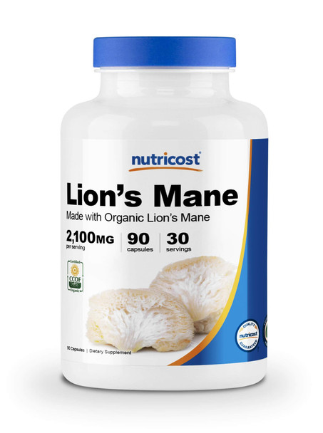 Nutricost Organic Lion's Mane Mushroom Capsules 2100mg, 30 Servings - Certified CCOF Organic, Vegetarian, Gluten Free, 700mg Per Capsule, 90 Capsules