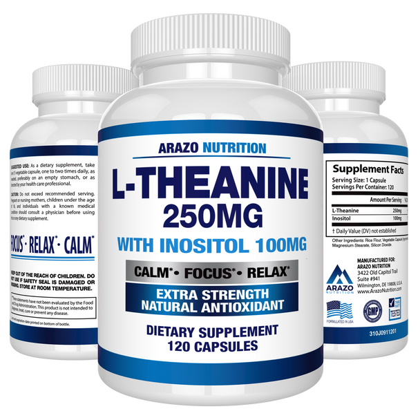 L-Theanine 250mg (Extra Strength) with Inositol 100mg, 120 Capsules Vegetarian, Arazo Nutrition