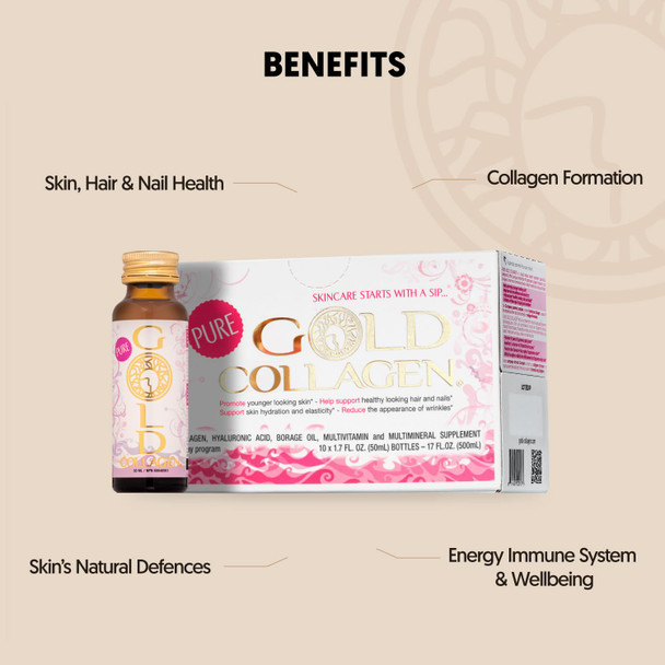 GOLD COLLAGEN Pure - Collagen Supplements for Women & Men with Biotin for Hair Growth Skin and Nail - Anti Wrinkle Immune System Booster with Hyaluronic Acid Vitamin C B6 and Zinc 1 Pack 10x50 ml