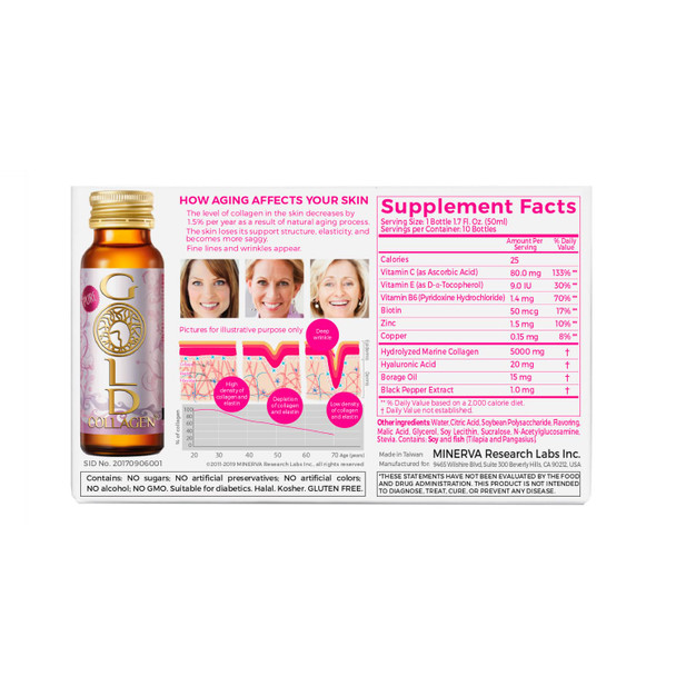 GOLD COLLAGEN Pure - Collagen Supplements for Women & Men with Biotin for Hair Growth Skin and Nail - Anti Wrinkle Immune System Booster with Hyaluronic Acid Vitamin C B6 and Zinc 1 Pack 10x50 ml