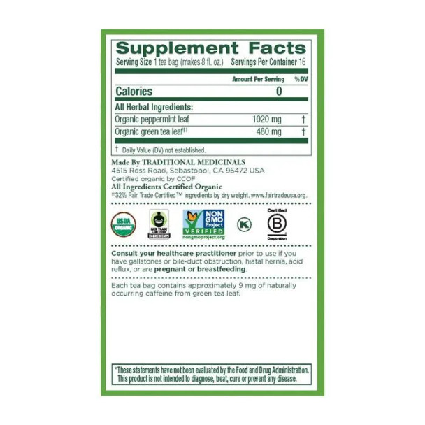 Traditional Medicinals Green Tea Peppermint 16 Tea Bags